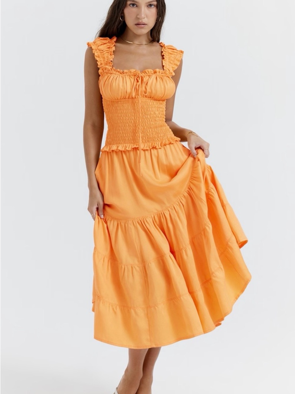 House of CB Orange Tiered Smocked Midi Dress